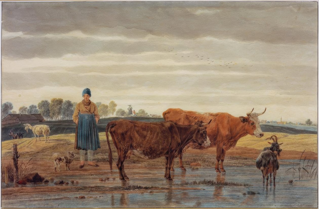 Gazda felesége a víz mellett legelő marhákkal alkotó: Wilhelm von Kobell