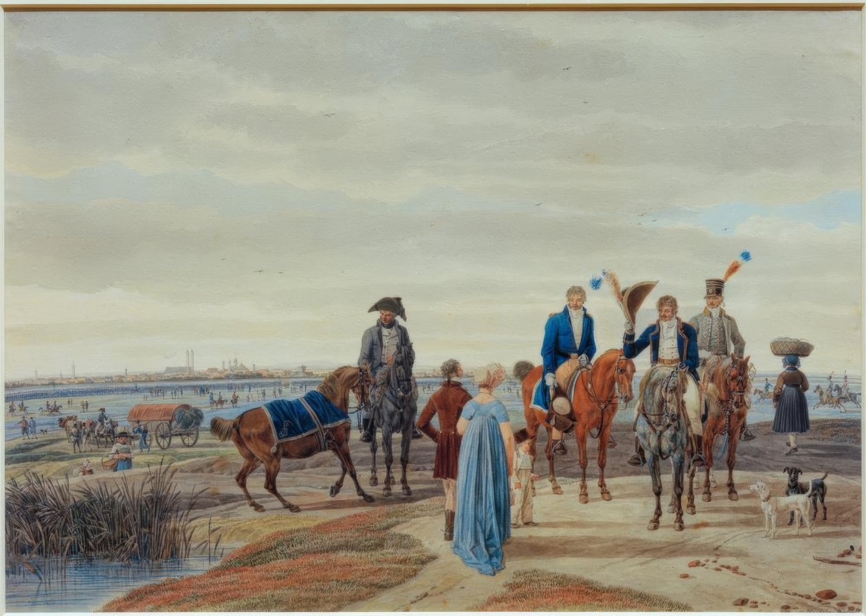 Egy házaspár találkozása tisztekkel München előtt alkotó: Wilhelm von Kobell
