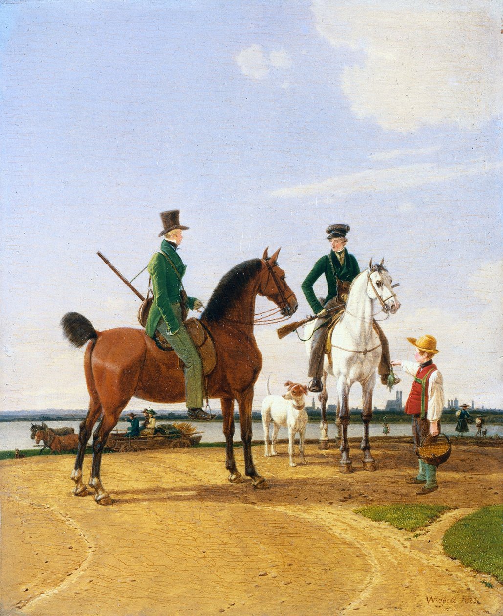 Vadász és Lord az Isar folyónál, kilátással Münchenre alkotó: Wilhelm von Kobell