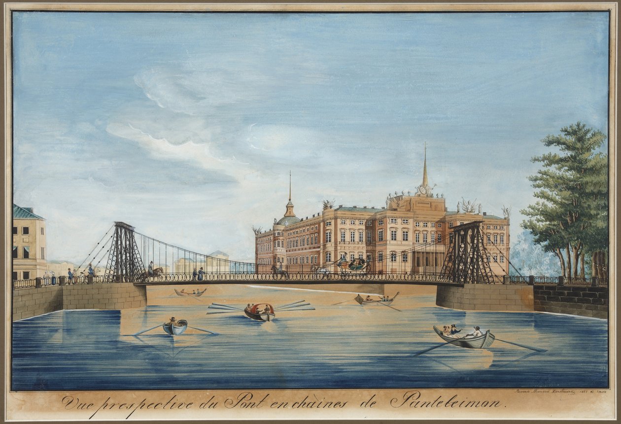 Kilátás a lánc Panteleimonovszkij-hídra és a Mihajlovszkij-kastélyra (chateau saint Michel ou chateau des ingenieurs) a szentpétervári Fontanka túloldalán - Wilhelm von Traitteur (1788-1859). Toll, ecset, akvarell, tinta és fehér szín papíron alkotó: Wilhelm von Traitteur