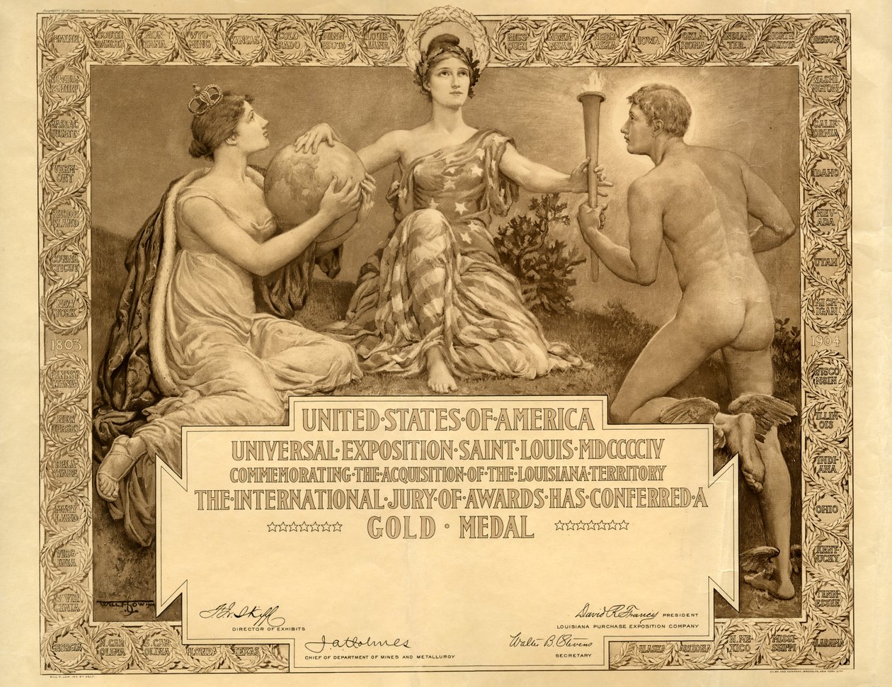 Louisiana Purchase Exposition üres aranyérem tanúsítvány, 1904 alkotó: Will H. Low