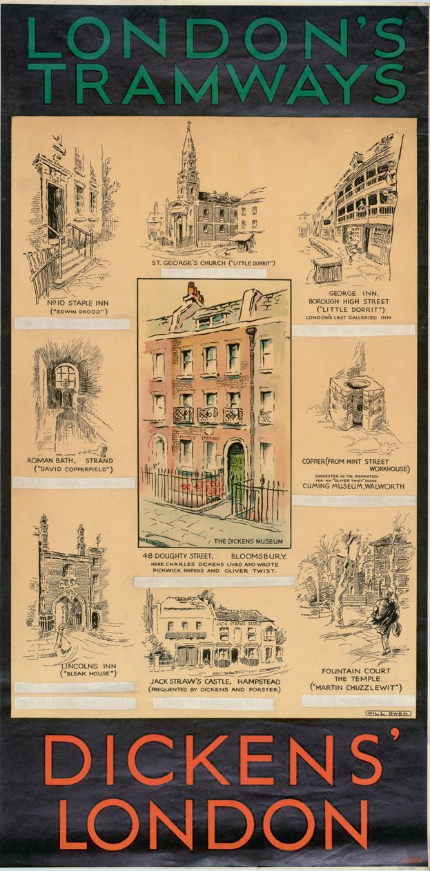 „Dickens” London, London Megyei Tanács LCC Tramways plakátja, 1930 alkotó: Will Owen