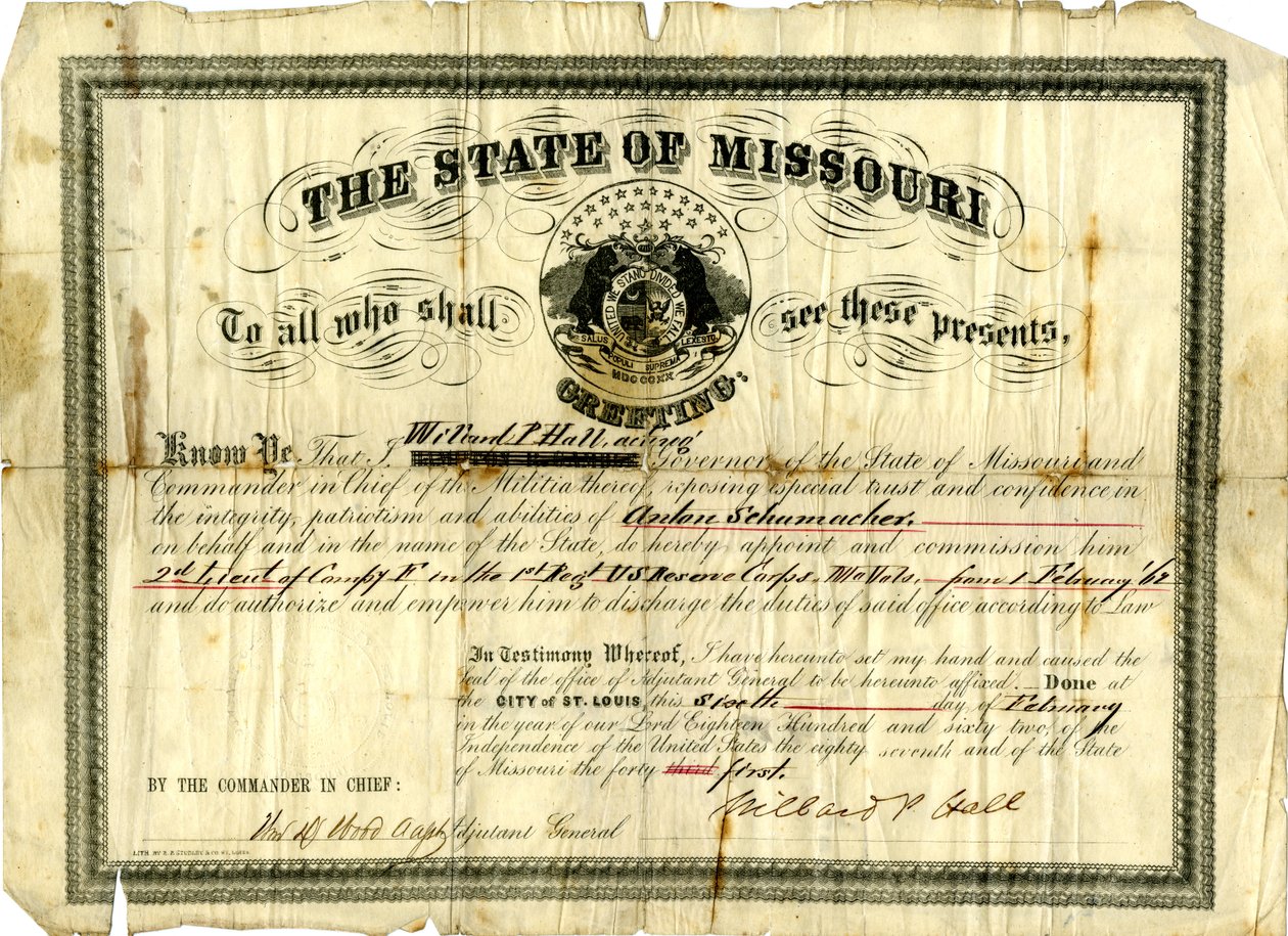 Anton Schumacher katonai bizottsága, mint az F. század 2. hadnagya az U.S.R.C. 1. ezredben, Missouri Volunteers, 1862. február 6. alkotó: Willard P. Hall