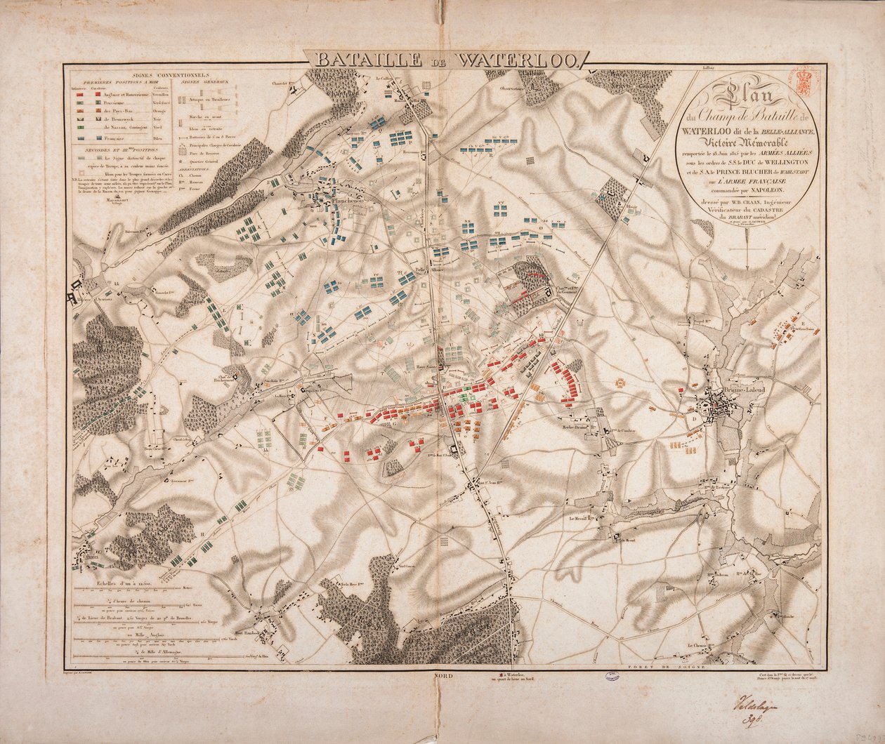 Waterloo-i csata, a csatatér térképe, Jacowick metszete, 1816 alkotó: Willem Benjamin Craan