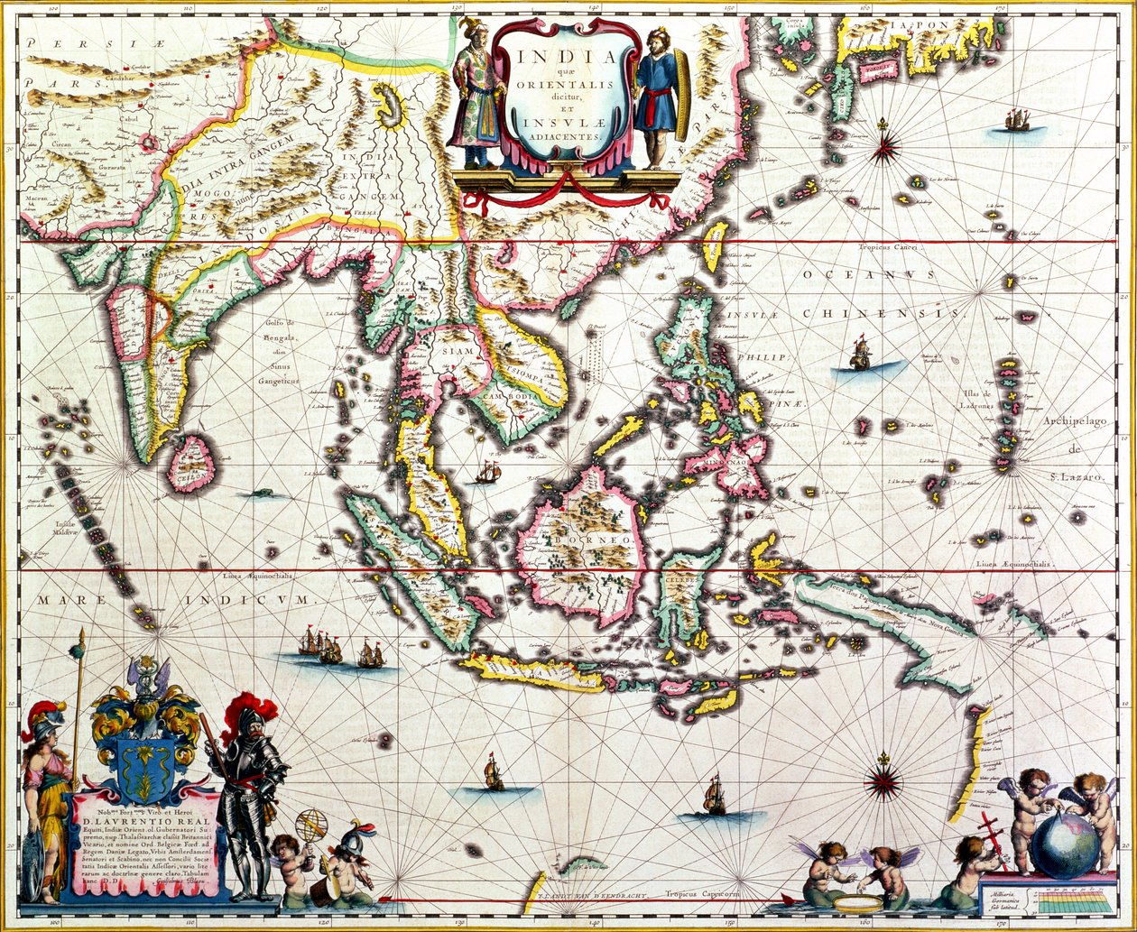 India Quae Orientalis Dicitur, Et Insulae Adiacentes, Délkelet-Ázsiát és Kelet-Indiát ábrázoló térkép, kiadó, Amszterdam, 1635 körül (kézzel színezett metszet). alkotó: Willem Janszoon Blaeu