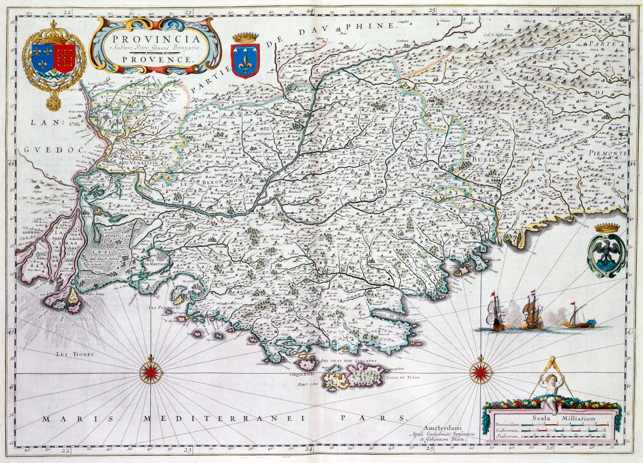 A ma Dél-Franciaországhoz tartozó Provincia vagy Provence térképe, 1638 (kézzel színezett metszet) alkotó: Willem Janszoon Blaeu