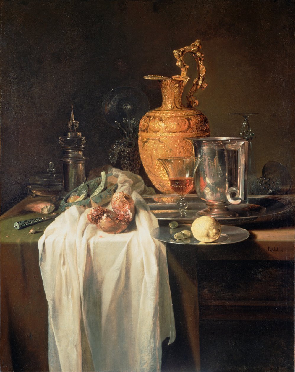 Csendélet ewerrel, edényekkel és gránátalmával alkotó: Willem Kalf