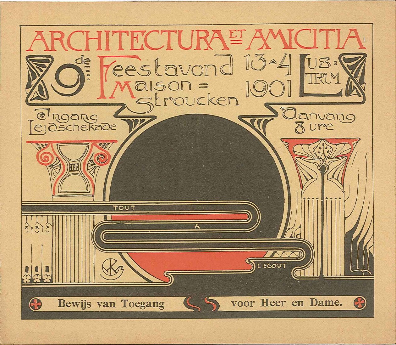 Belépőjegy az ünnepi estére 1901. április 13 -án, az Architectura et Amicitia 9. lustrumának alkalmából alkotó: Willem Kromhout