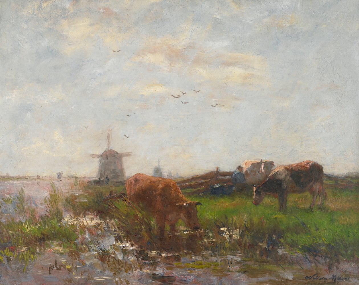 Szarvasmarha legeltetés a víz szélén, 1880-90 körül alkotó: Willem Maris