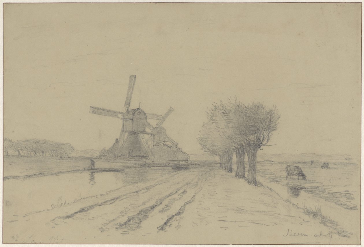 A Rode Molen és a Sluismolen a csatornán a Meentweg mentén De Meernben alkotó: Willem Roelofs