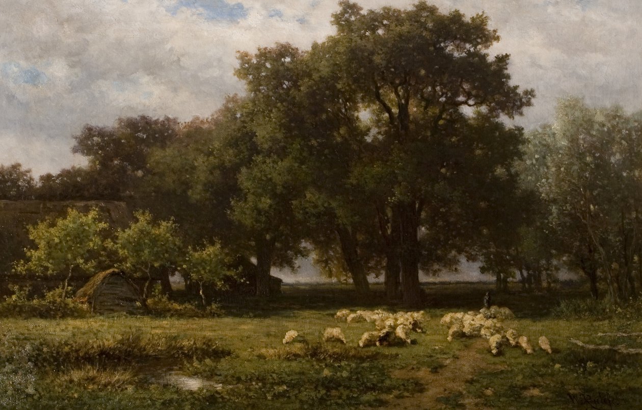 Táj juhokkal és istállóval, 19. század közepe alkotó: Willem Roelofs