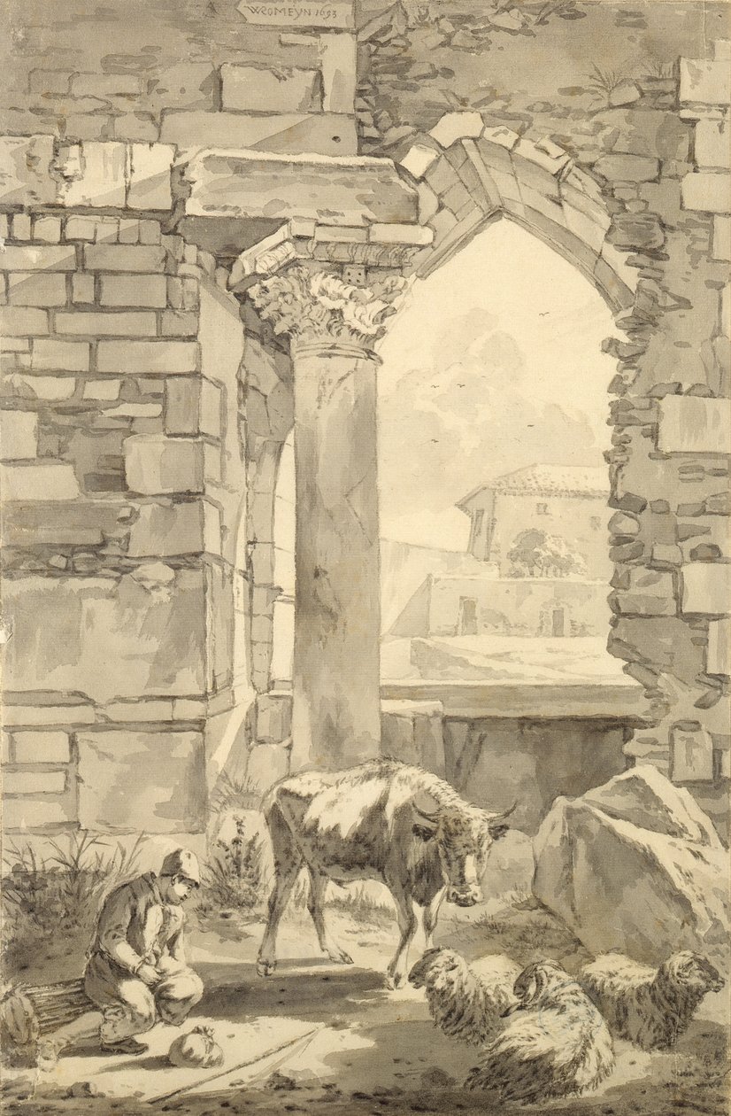 Pásztor tehennel és birkával egy romban, 1693 (toll és szürke tinta és ceruza papíron) alkotó: Willem Romeyn
