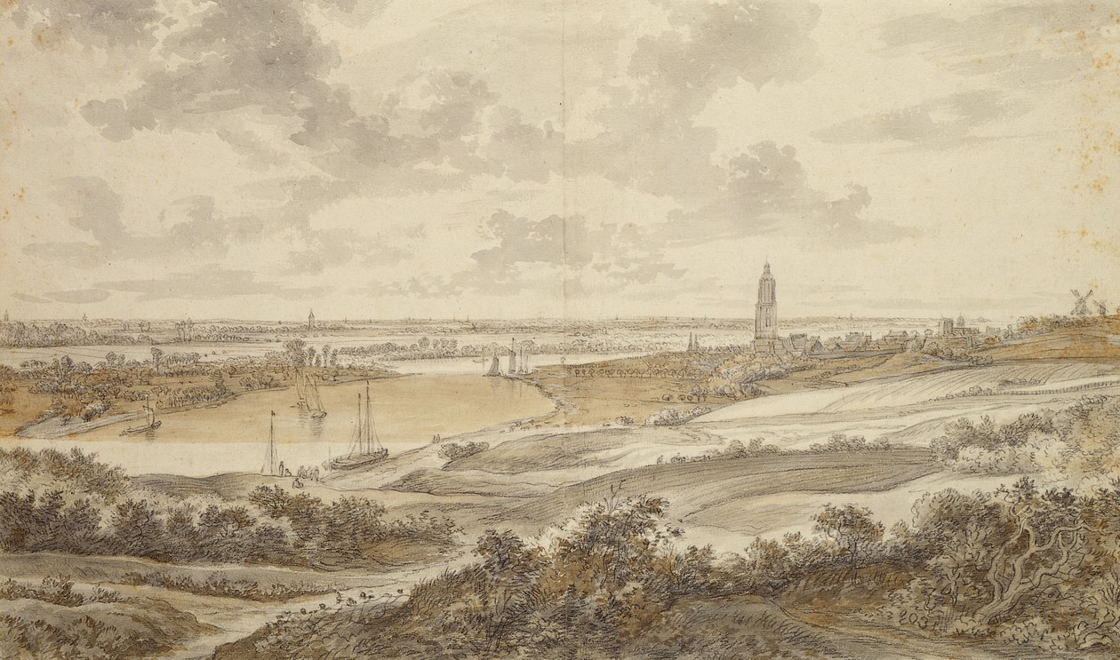 Panoráma Rhenen városával (fekete kréta tollal és barna tintával lemosva papíron) alkotó: Willem Schellinks
