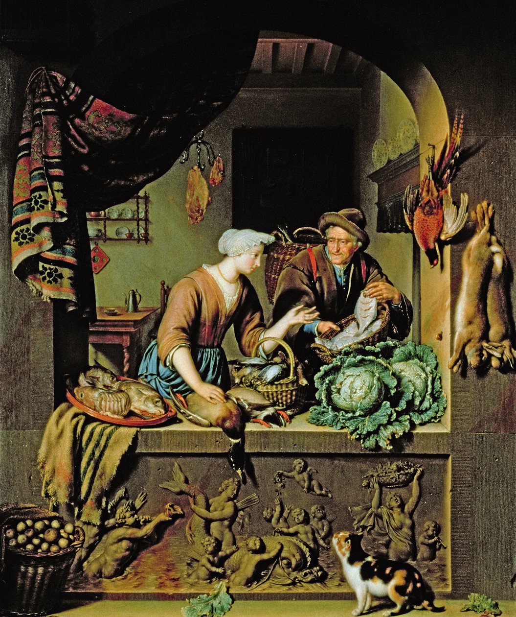 Egy nő és egy halkereskedő, 1713 alkotó: Willem Van Mieris