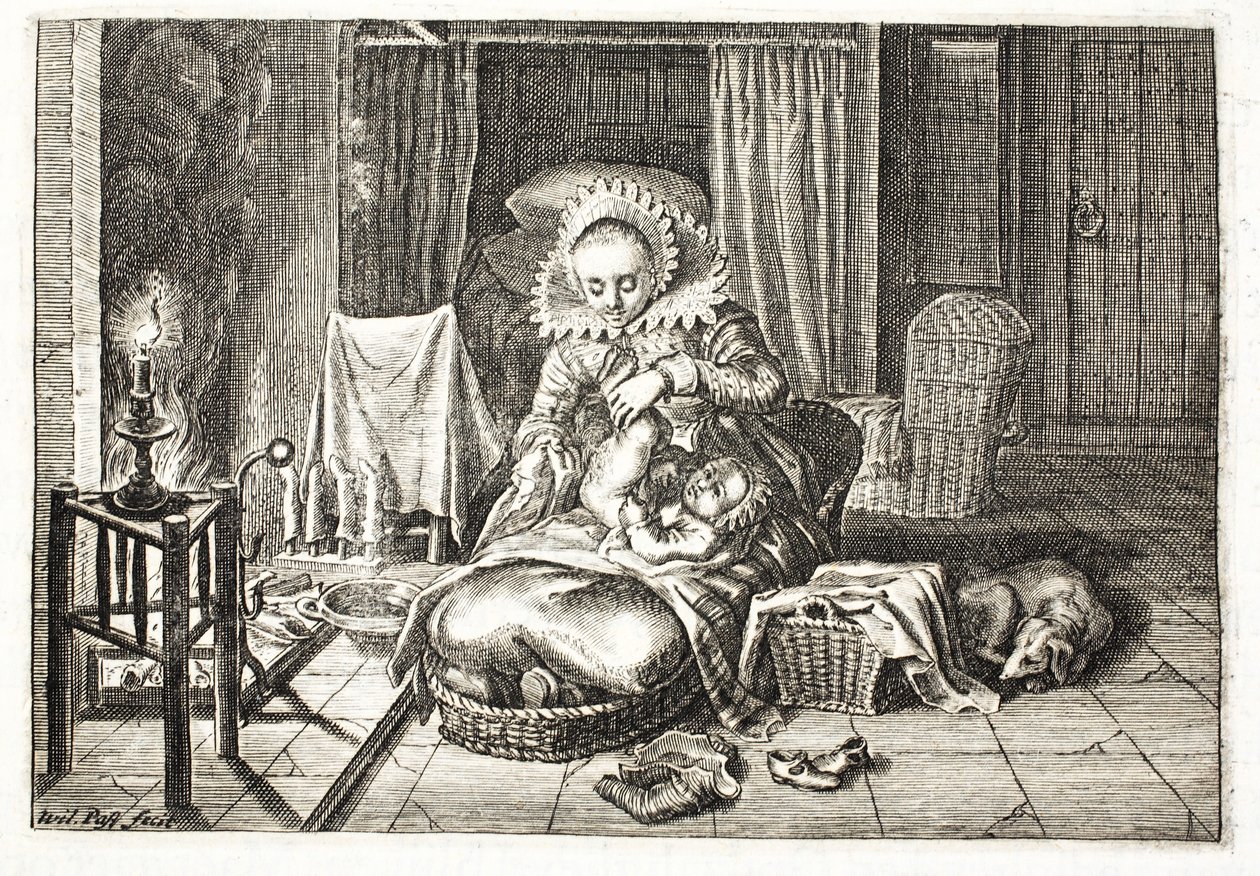 Egy csecsemő pelenkázása, illusztráció Johannes de Brune (1589-1658) "Emblemata of Zinne-werk" című művéből, Jan Jacobs Schipper, Amszterdam, 1661. alkotó: Willem Van de Passe