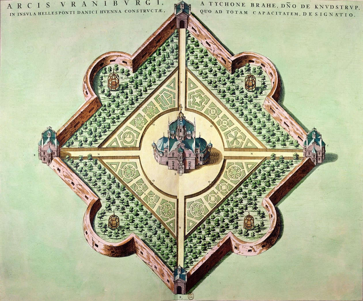 Uraniborg kastélyának és csillagvizsgálójának terve, amelyet 1584 körül Tycho Brahe (1546-1601) épített a dániai Hven szigeten a „Le Theater du Monde” vagy „Nouvel Atlas”-ból, közzétéve Amszterdamban, 1645 alkotó: Joan Blaeu