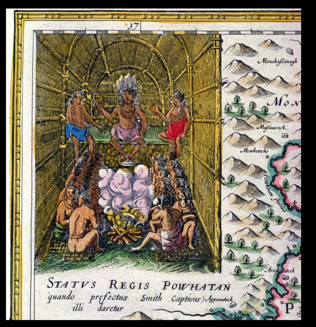 A Powhattan törzs főnöke, részlet a „Nova Virginiae Tabula”-ból, Jodocus Hondius (1563-1612) és Dirck Gryp metszet, 1647 alkotó: Joan Blaeu