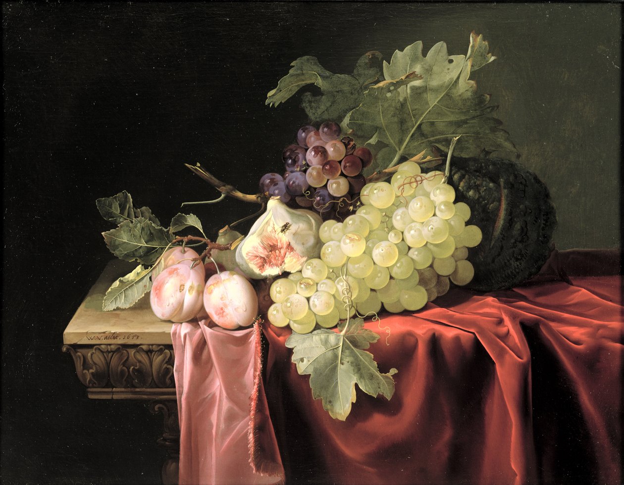 Csendélet szőlővel, szilvával, fügével és dinnyével egy részben terített kőpárkányon, 1653 alkotó: Willem van Aelst