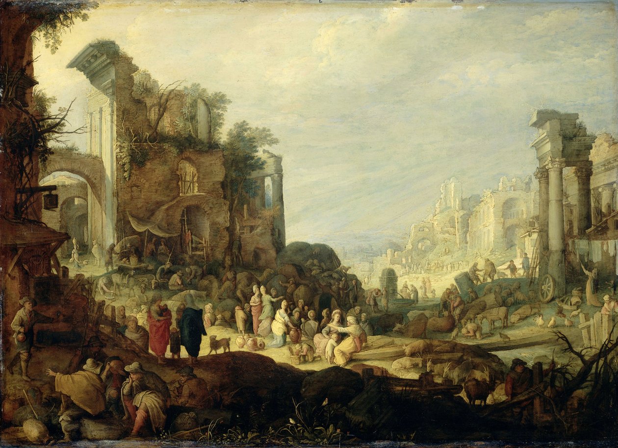 Táj romokkal és Rebecca és Eliezer találkozása alkotó: Willem van Nieulandt II