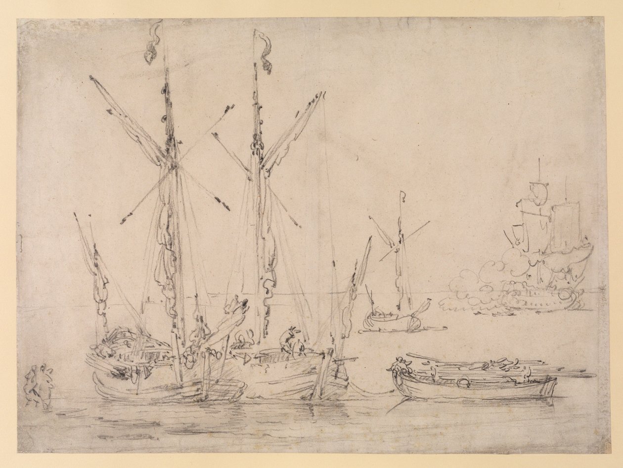 Torkolati jelenet: három galliot, egy uszály és egy fregatt tisztelgett, 1675 körül (grafit papíron) alkotó: Willem van de Velde