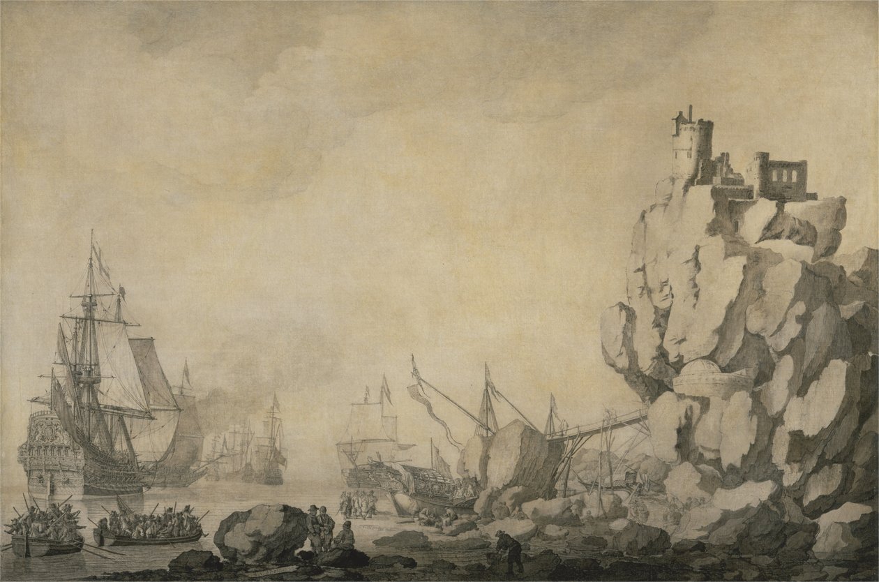 Hajók és milícia a sziklás parton alkotó: Willem van de Velde the Elder