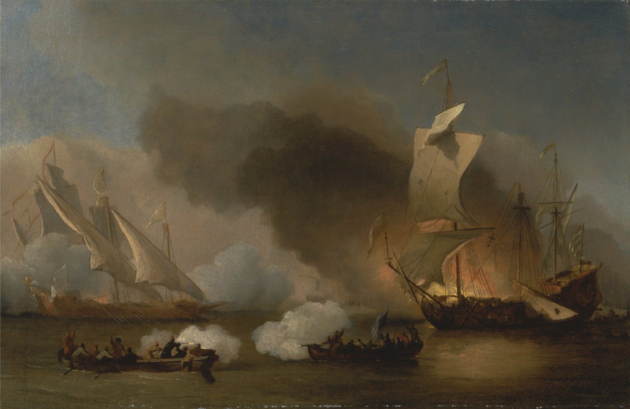 Akció a Barbár -parton gályákkal és angol hajókkal alkotó: Willem van de Velde the Younger