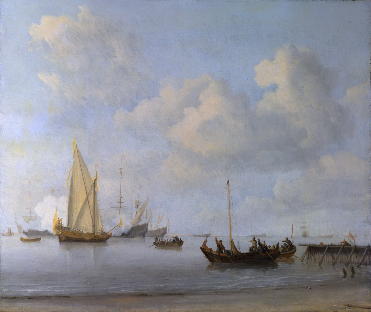 Csónakok húzódnak ki egy jachthoz egy nyugalomban alkotó: Willem van de Velde the Younger