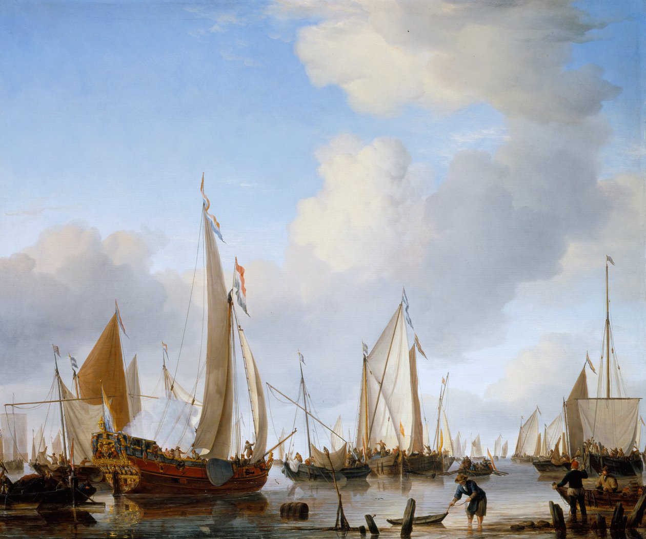 Nyugodt- államok jachtja vitorla alatt a part közelében, sok más hajóval alkotó: Willem van de Velde the Younger