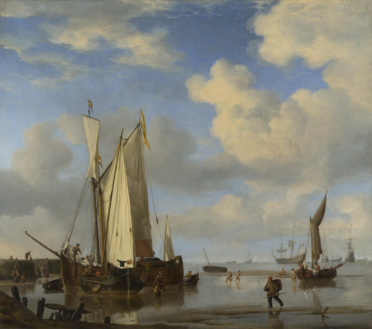 A holland hajók apálykor bezárják a partot, és a férfiak fürdőznek alkotó: Willem van de Velde the Younger