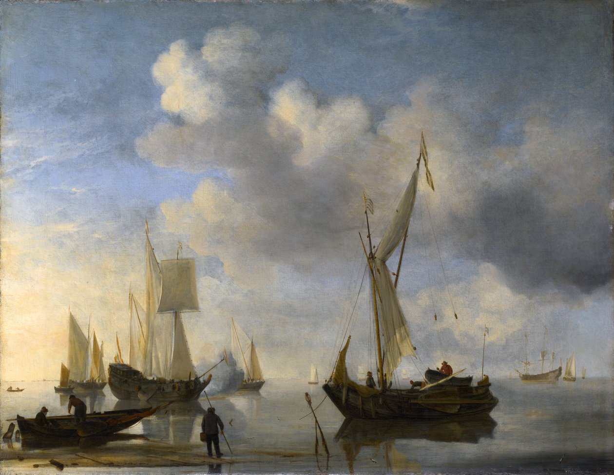 A parton nyugalomban fekvő holland hajók, egy tisztelgés alkotó: Willem van de Velde the Younger