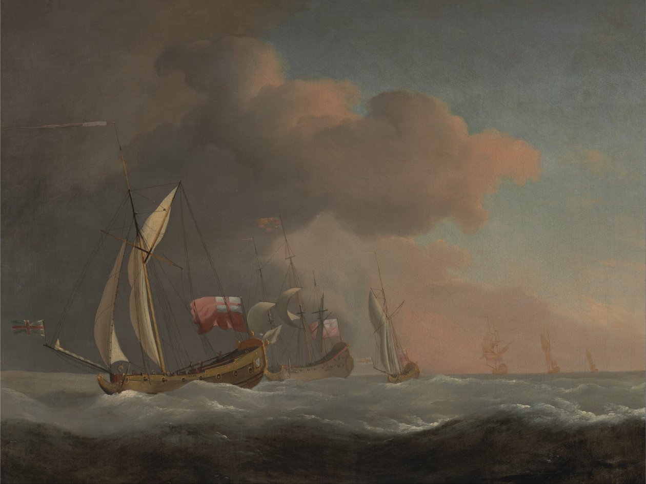 Angol királyi jachtok a tengeren erős szellőben, társaságban, hajóval, amely a királyi mércét repíti alkotó: Willem van de Velde the Younger