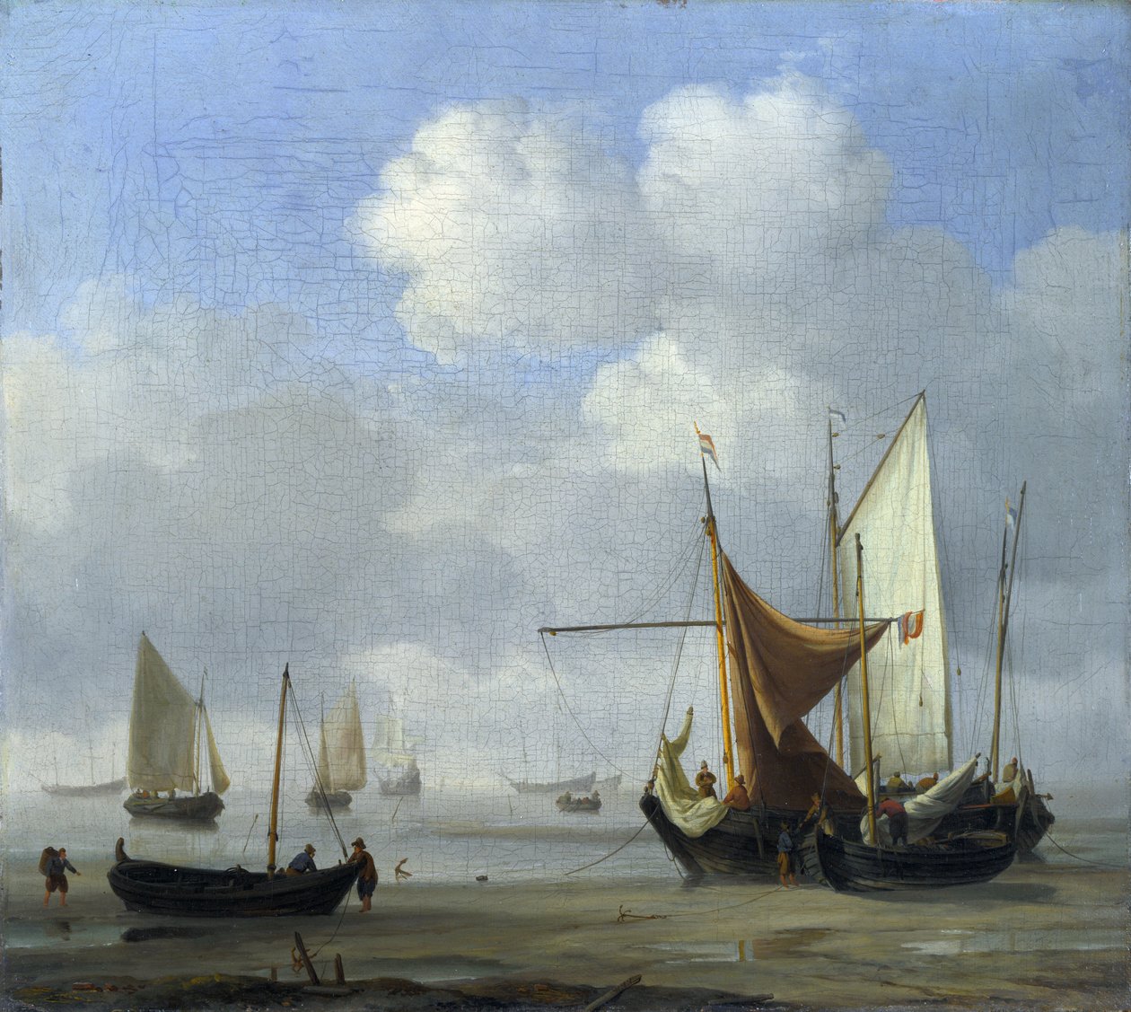 Kis holland hajók a parton alacsony víz mellett, nyugodt helyen alkotó: Willem van de Velde the Younger