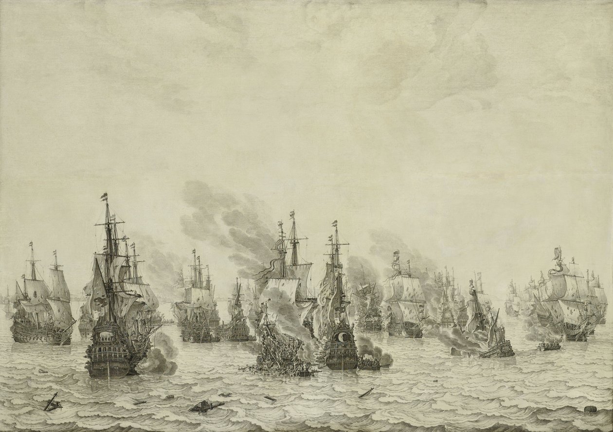 A livornói vagy legornói csata, 1659-99 körül (tollal festett tábla) alkotó: Willem van de Velde the Elder