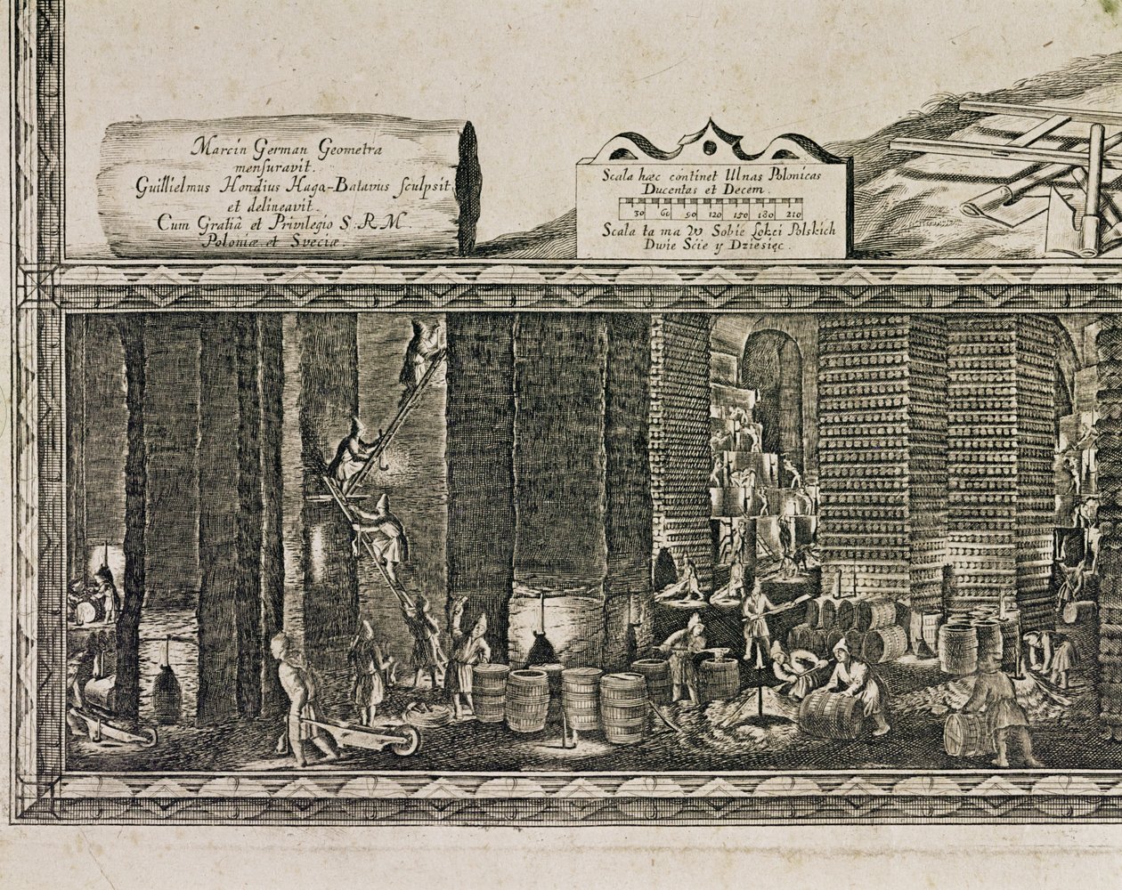 A Krakkó melletti wieliczkai sóbányák a lengyel királyok jövedelmének nagyjából egyharmadát termelték ... (metszet) alkotó: Willem (c.1597 1660) Hondius
