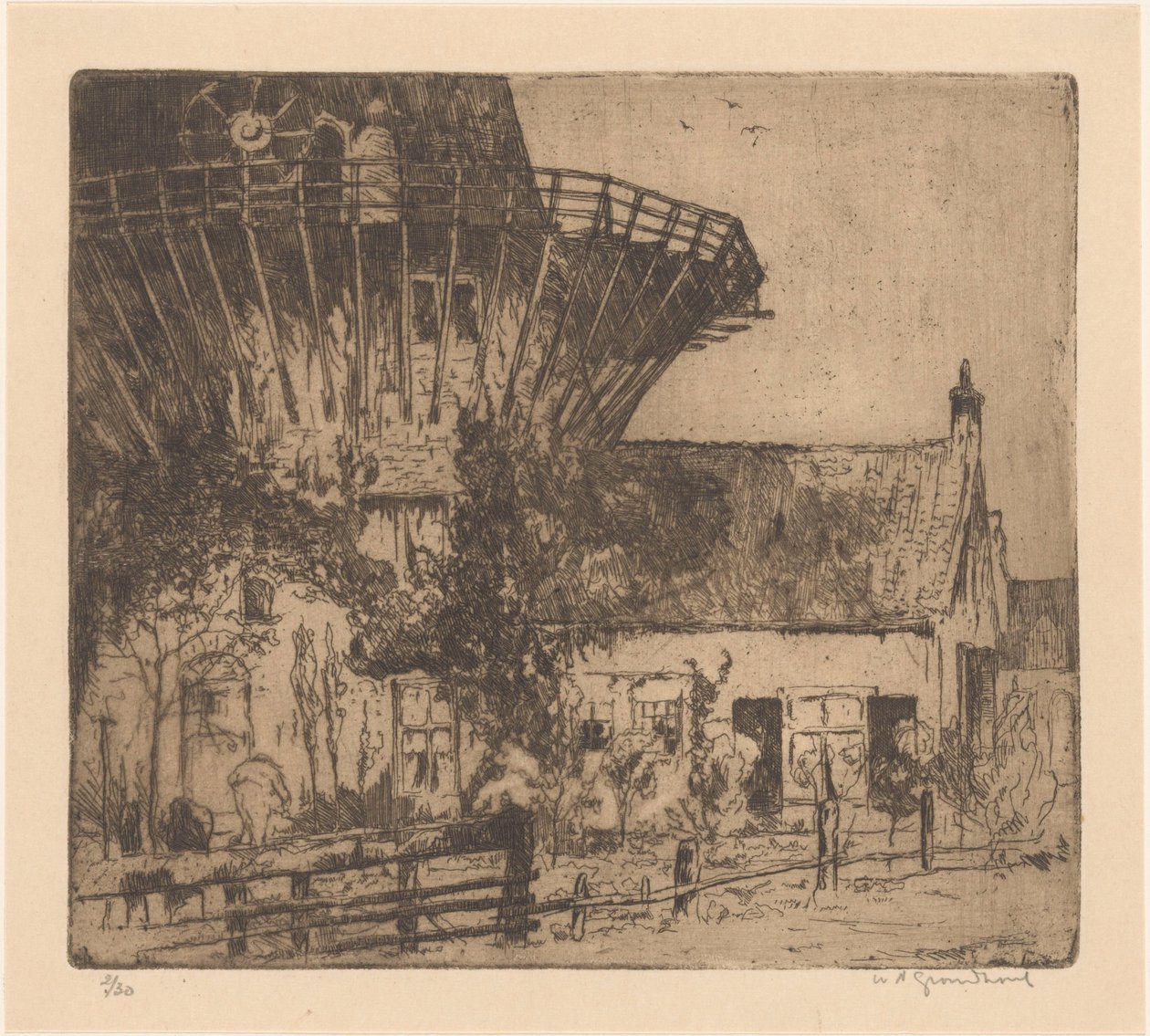Ház egy toronymalom lábánál Leidschendamban alkotó: Willem Adrianus Grondhout (signed by artist)