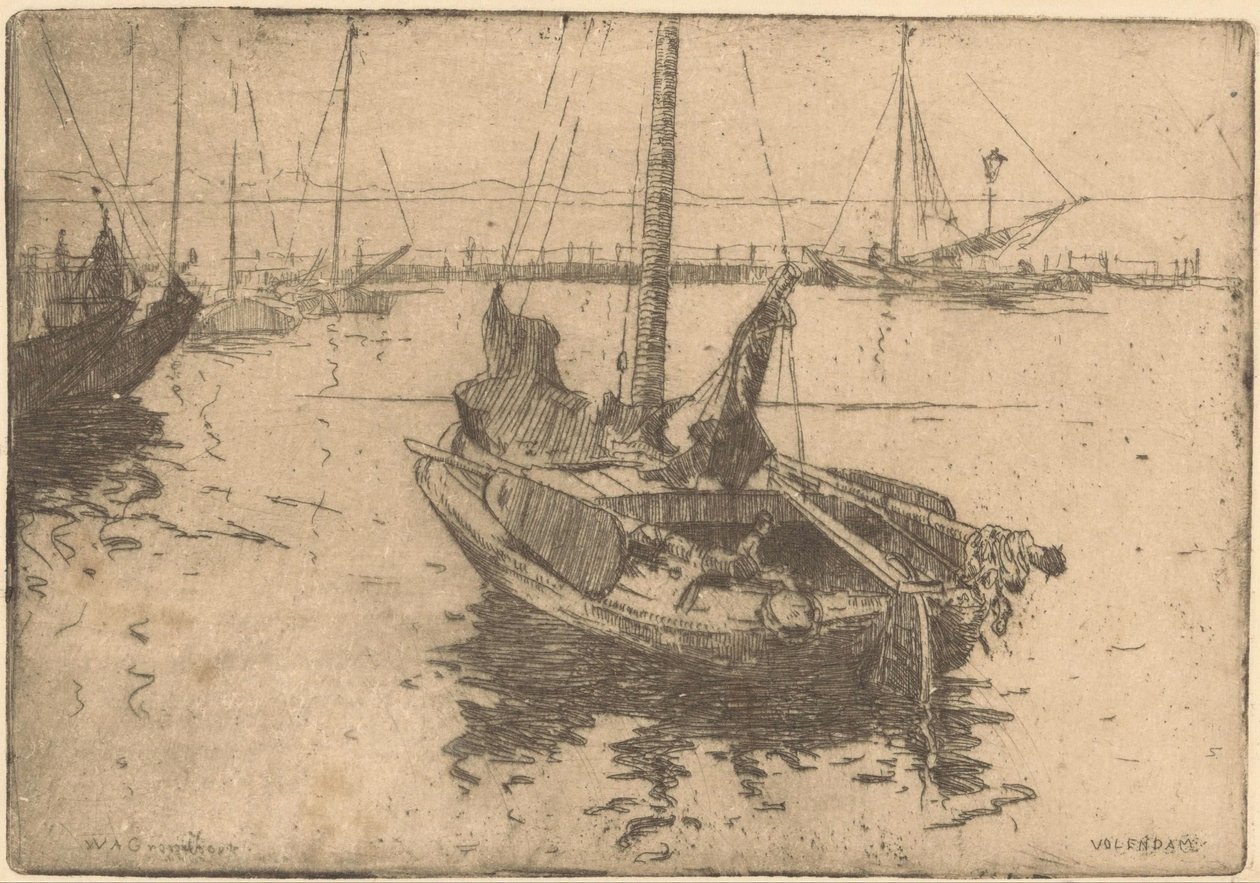 Bárkák Volendam kikötőjében alkotó: Willem Adrianus Grondhout (signed by artist)