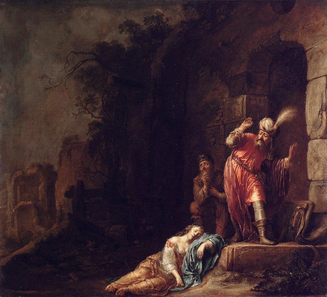 ""Efraim lévitája"" A lévita felfedezi szeretettje élettelen testét, akit banditák bántalmaztak (A lévita ágyasának halála) Willem Bartsius (Bartius) festménye (1612-1657) alkotó: Willem Bartsius