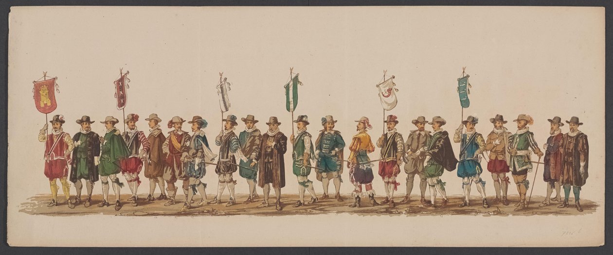 1862. évi delfti felvonulás, ötödik csoport A delfti Királyi Akadémia negyedik Lustrumja - Ao. 1862 - Costumed Optogt (sorozat címe a tárgyon) alkotó: Willem Bernardus IJzerdraat