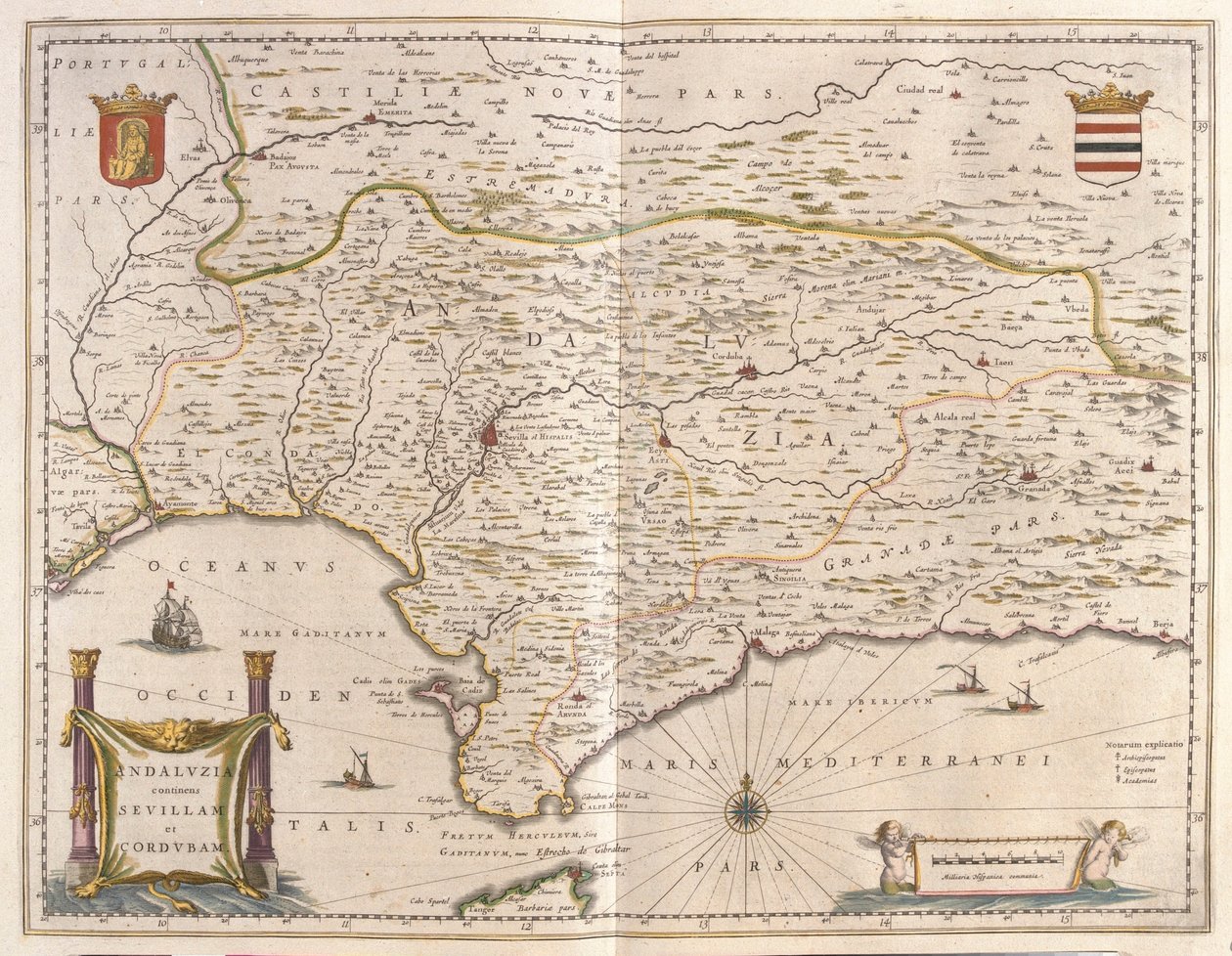 Andalúzia és Sevilla városa, Gibraltári-szoros, Willem Blaeu "Theatrum Orbis Terrarum, sive Atlas Novus" című művében, Amszterdam. alkotó: Willem Blaeu