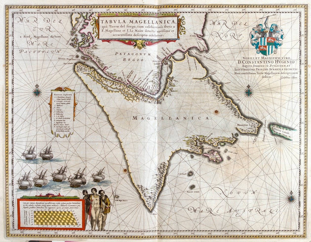 Argentína, Chile, Magellán-szoros, Fuego földje, Willem Blaeu "Theatrum Orbis Terrarum, sive Atlas Novus" című művében, Amszterdam. alkotó: Willem Blaeu
