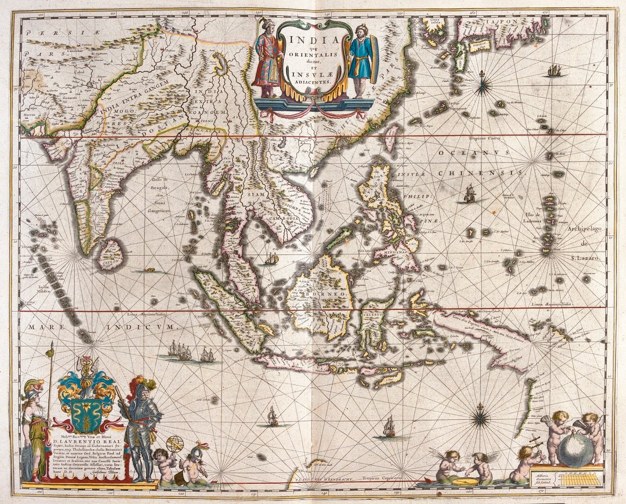 Ázsia, Indiától Tibeten és Japánon át Új-Guineáig, a Willem Blaeu által készített "Theatrum Orbis Terrarum, sive Atlas Novus"-ban (Amszterdam). alkotó: Willem Blaeu