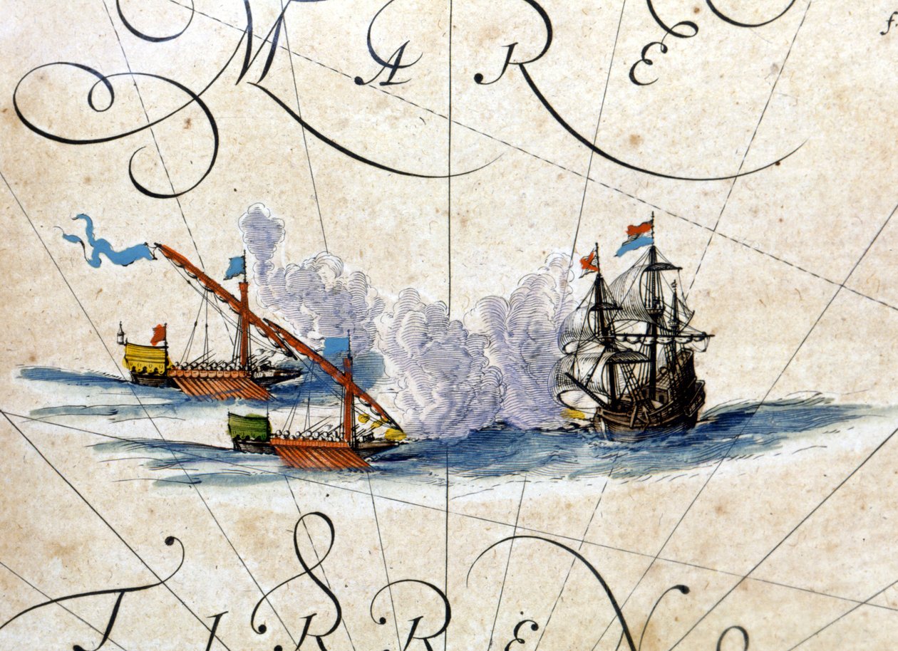 Harc két gálya és egy karakó között. Willem Janszoon Blaeu atlasza (1571-1638) alkotó: Willem Blaeu