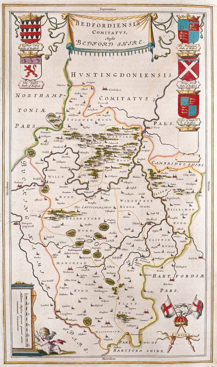 Bedford shire, a Willem Blaeu által készített "Theatrum Orbis Terrarum, sive Atlas Novus"-ban (Amszterdam). alkotó: Willem Blaeu