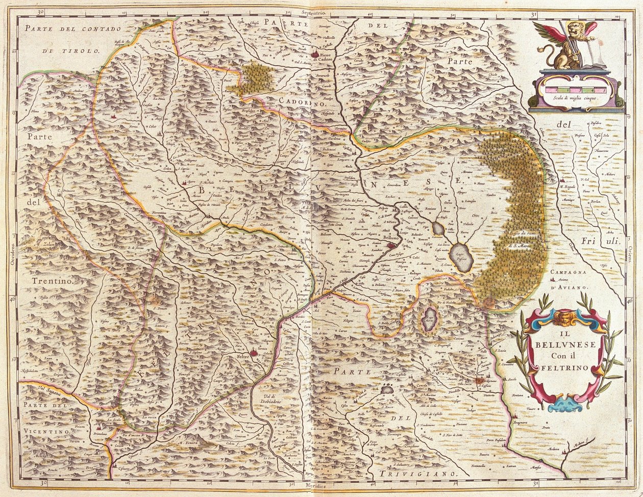 Belluno és Feltre, Olaszország, Willem Blaeu "Theatrum Orbis Terrarum, sive Atlas Novus" című művében, Amszterdam. alkotó: Willem Blaeu