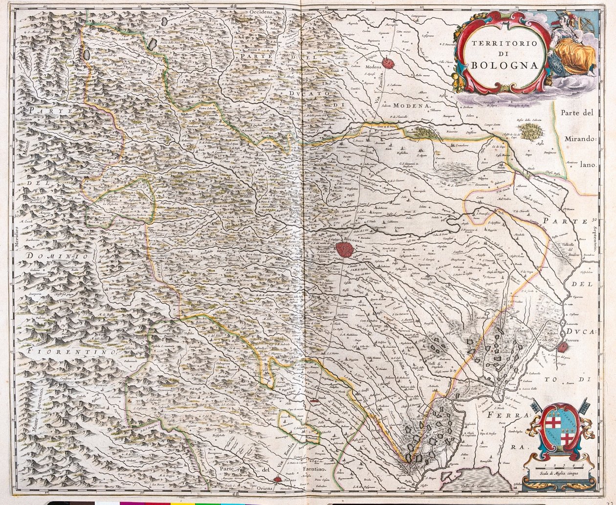 Bologna, Olaszország, az amszterdami Willem Blaeu "Theatrum Orbis Terrarum, sive Atlas Novus"-ban. alkotó: Willem Blaeu