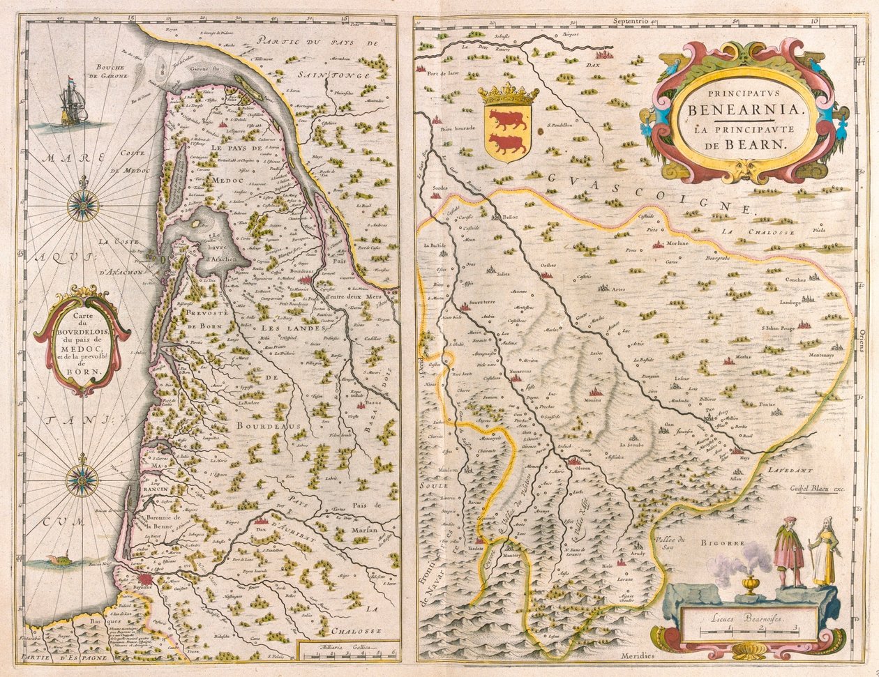 Bordelais-Pays du Médoc - Born- Aquitaine- Franciaország nyugati partvidéke, Willem Blaeu, Amszterdam, "Theatrum Orbis Terrarum, sive Atlas Novus" című művében. alkotó: Willem Blaeu