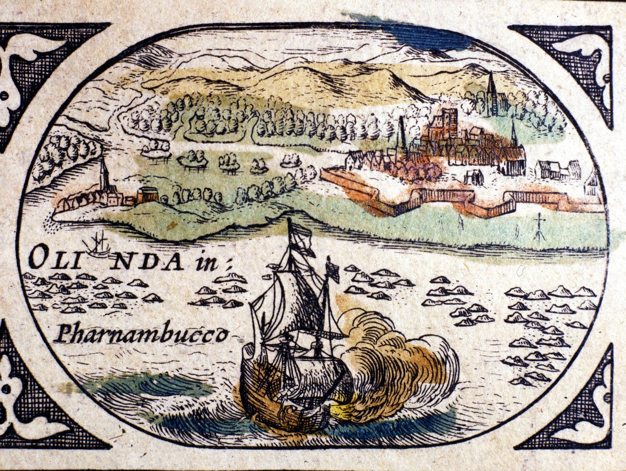 Brazília, kilátás Pernambucora (Recife), W. G. Blaeu atlasza, Amszterdam 1600. alkotó: Willem Blaeu