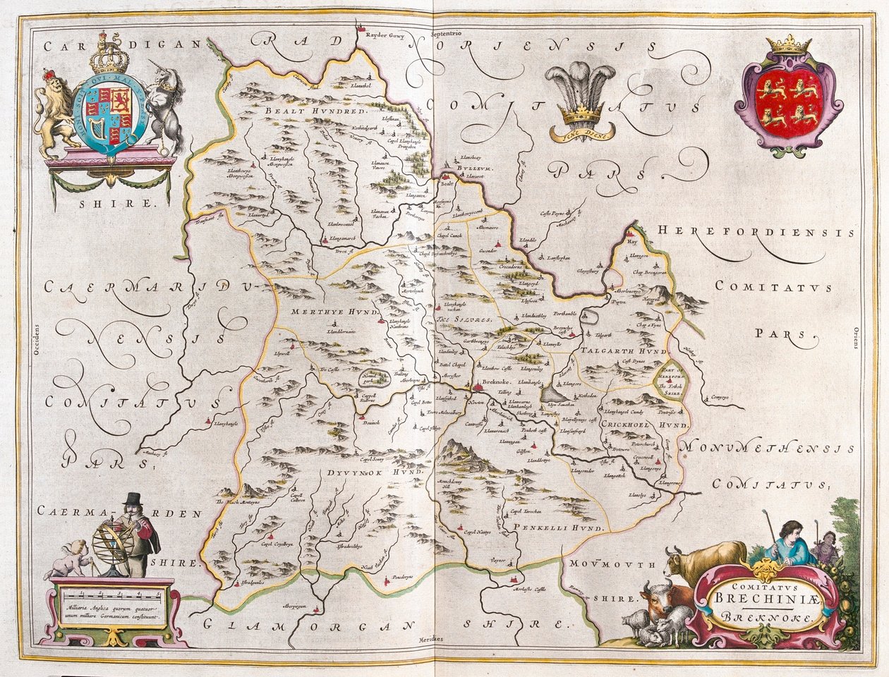 Breknoke, Wales, a Willem Blaeu által készített "Theatrum Orbis Terrarum, sive Atlas Novus"-ban, Amszterdam, Amszterdam alkotó: Willem Blaeu