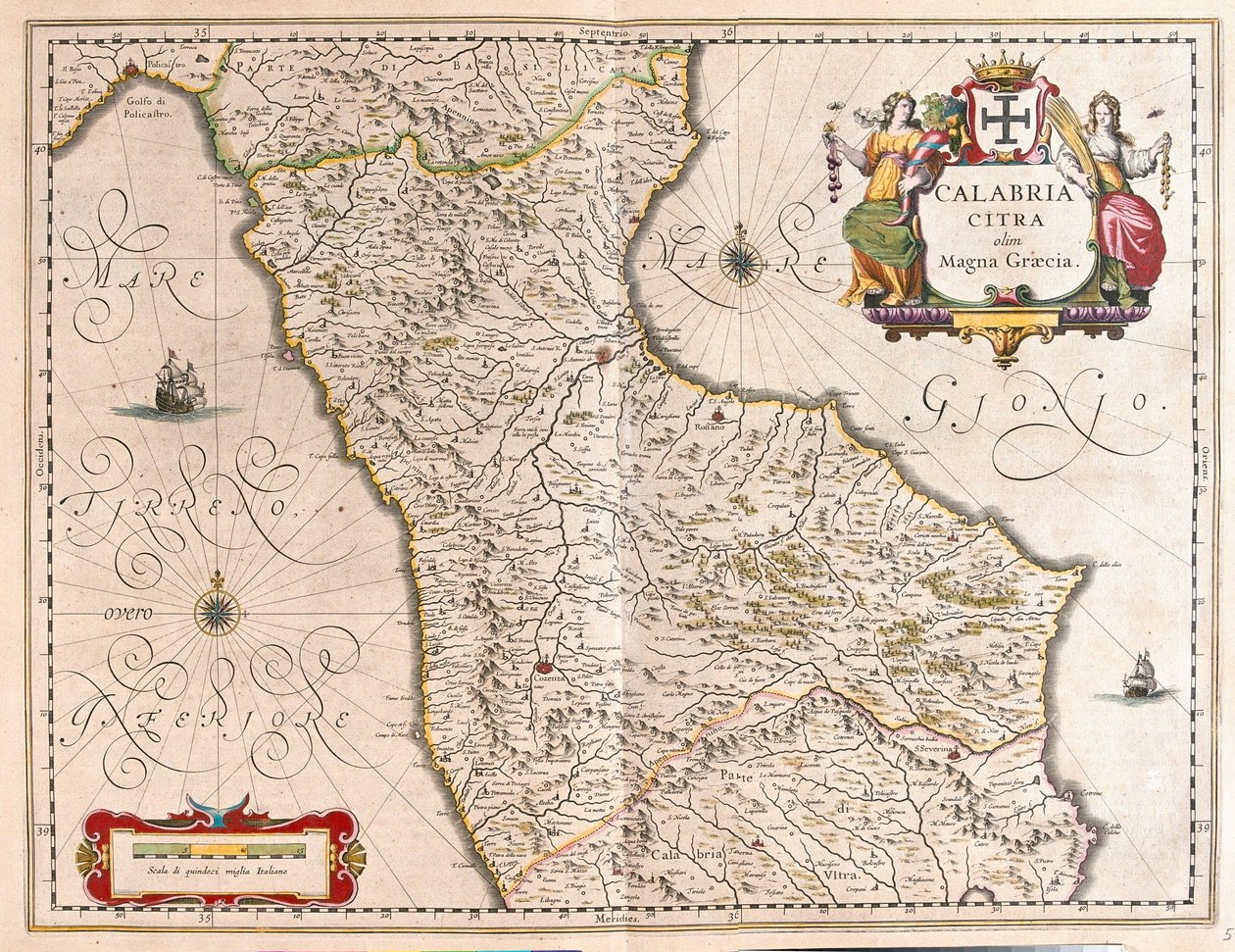Calabria, Olaszország, az amszterdami Willem Blaeu "Theatrum Orbis Terrarum, sive Atlas Novus" című művében. alkotó: Willem Blaeu