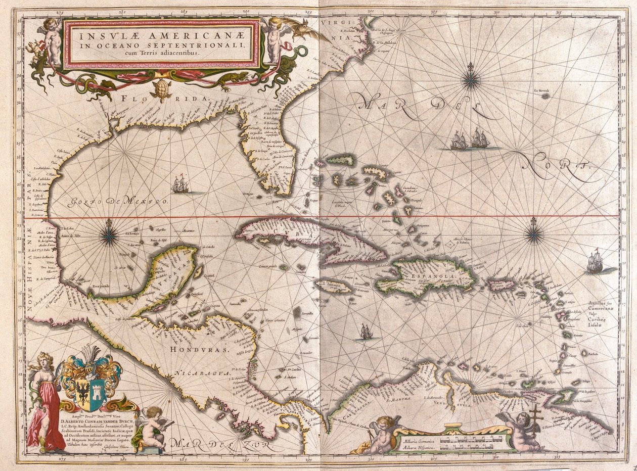 Karib-tenger, Hounduras és Florida, Willem Blaeu, Amszterdam, "Theatrum Orbis Terrarum, sive Atlas Novus" című kötetében. alkotó: Willem Blaeu